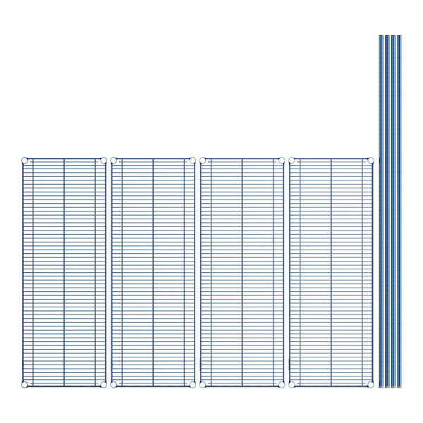 A blue wire shelving unit with four shelves.