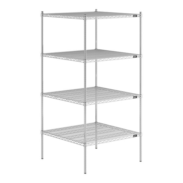 A Lavex Pro chrome wire shelving unit with four shelves.
