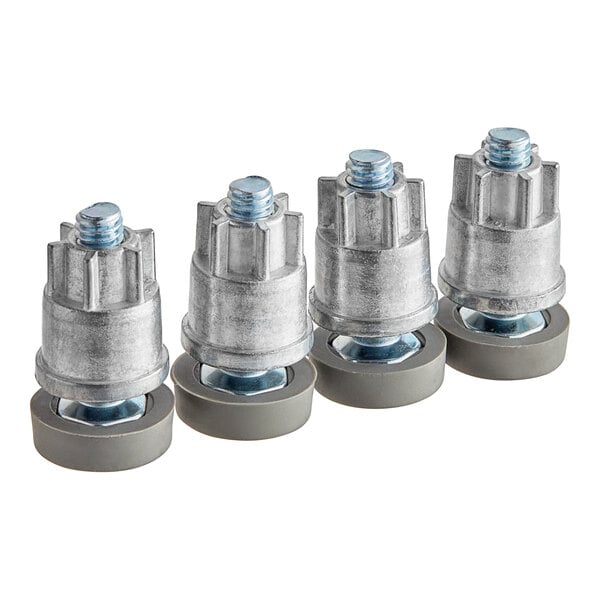 A close-up of three Lavex Pro zinc leveling feet with metal nuts on them.