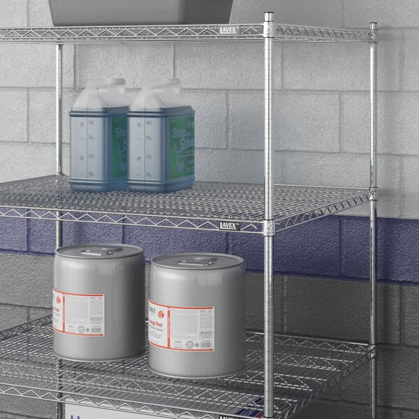 A Lavex Pro NSF chrome metal shelf holding containers.