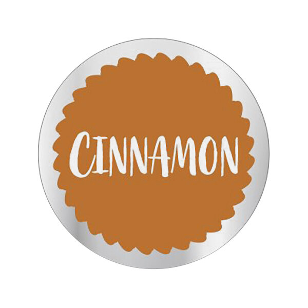 A round white Bollin permanent bakery label with white text that says "Cinnamon"