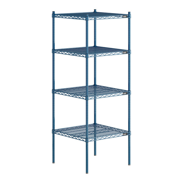 A blue metal wire shelving unit with four shelves.