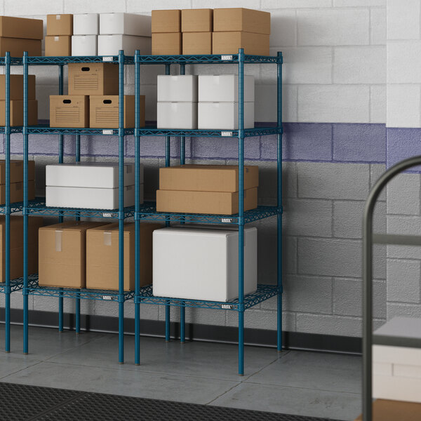 A blue Lavex Pro wire shelf unit holding boxes.