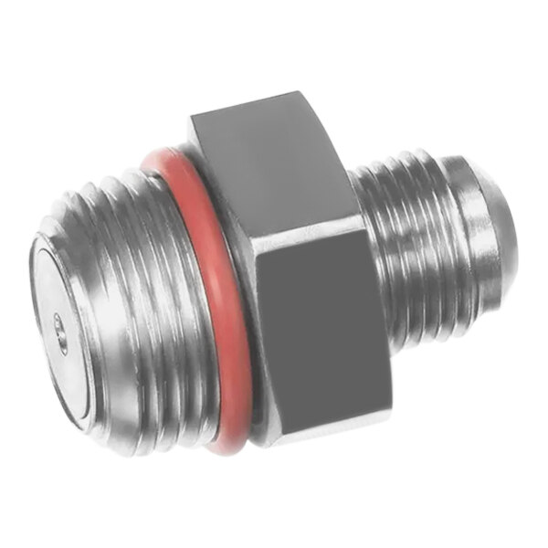 A close-up of a stainless steel nut with a red band.