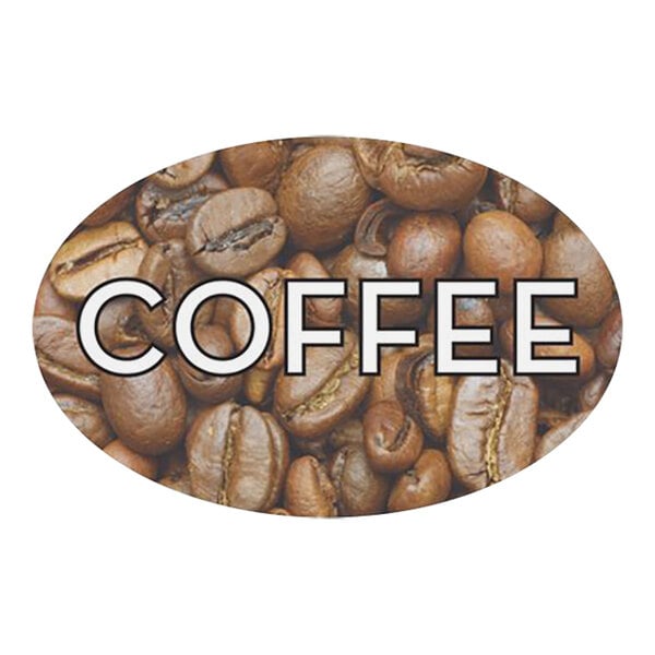 A white oval sticker with a black border and the word coffee in the middle.