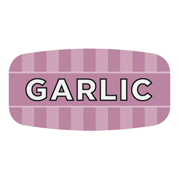 A white rectangular bakery label with "garlic" in white and black text.