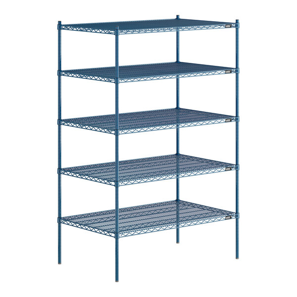 A Lavex Pro blue metal wire shelving unit with four shelves.