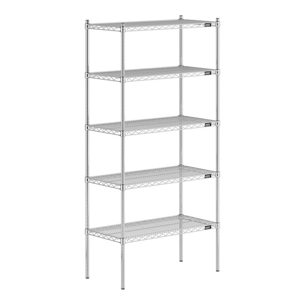 A Lavex Pro chrome wire shelving unit with five shelves.