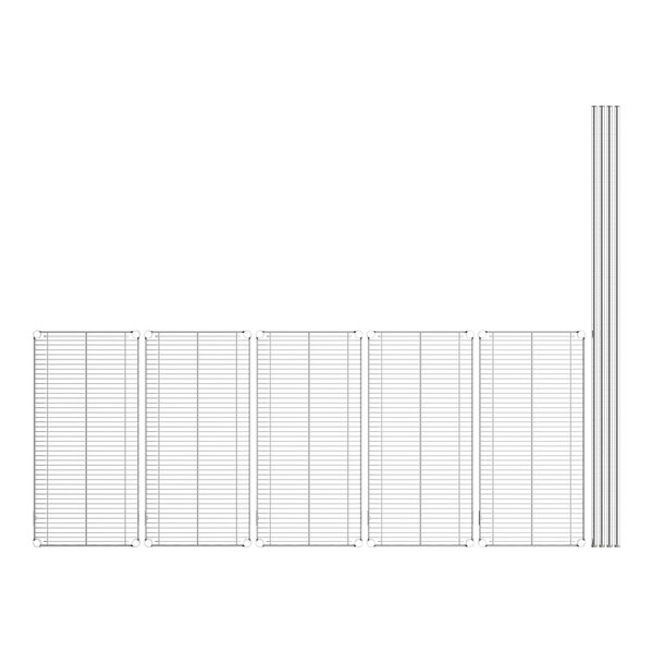 A row of Lavex Pro Chrome wire shelves on posts.