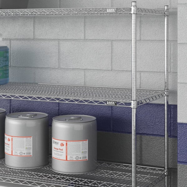 A Lavex Pro chrome metal NSF wire shelf with containers on it.