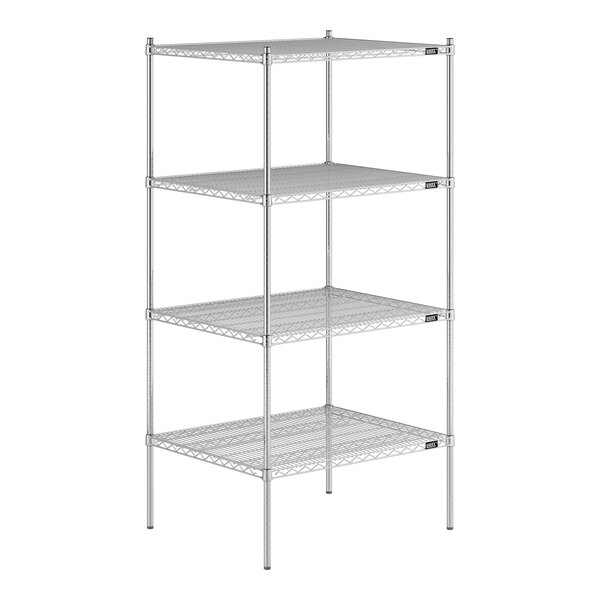 A Lavex Pro metal wire shelving unit with four shelves.
