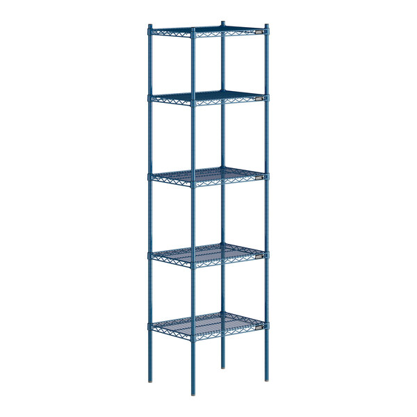 A blue Lavex Pro wire shelving unit with 5 shelves.