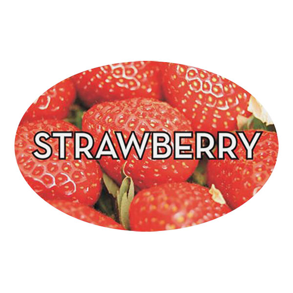 A group of oval strawberry bakery labels with white text.