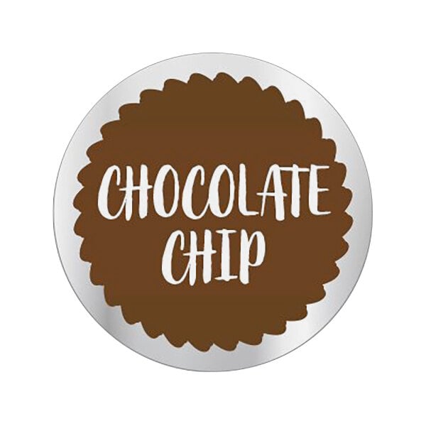 A brown and white circle with white text reading "Chocolate Chip" and "Bakery Label"