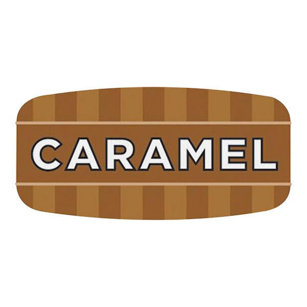 A white rectangular bakery label with "caramel" in white text on a brown background.