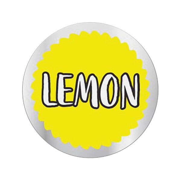 A yellow and white round sticker with the word "Lemon" in black text.