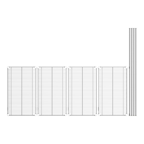 A row of metal grids with four shelves.