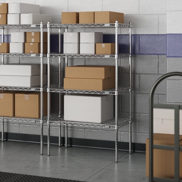 A metal Lavex Pro wire shelving unit with boxes on the shelves.