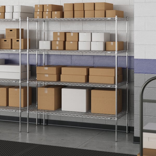 A metal Lavex Pro wire shelving unit with boxes on the shelves.