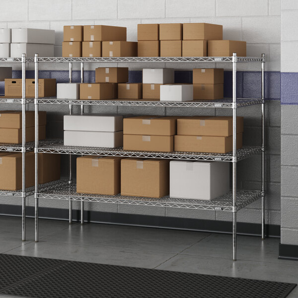 A metal Lavex Pro wire shelving unit with boxes on the shelves.