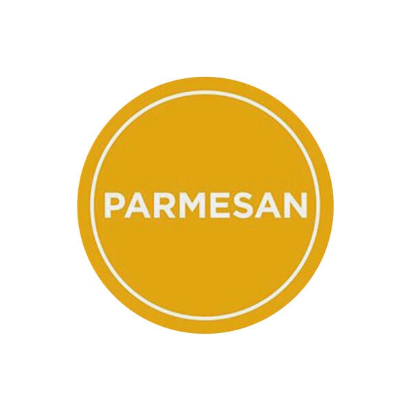 A white circle food label with the word "Parmesan" in white.