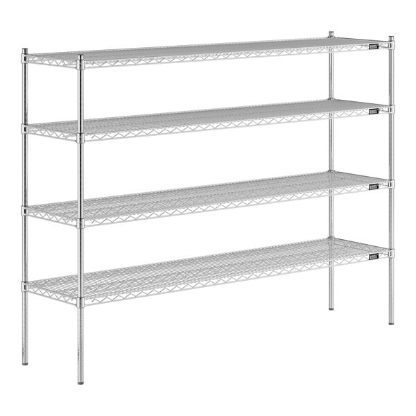 A close-up of a Lavex Pro chrome wire shelf on a metal shelving unit.