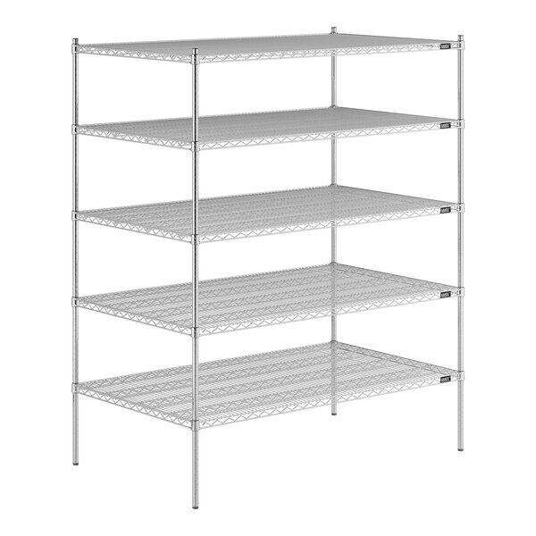 A Lavex Pro chrome wire shelving unit with shelves.