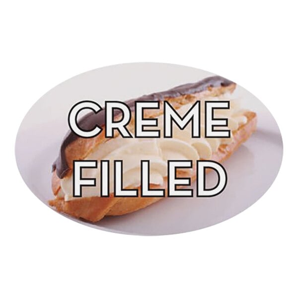 A white Bollin oval sticker with the words "creme filled" on it.