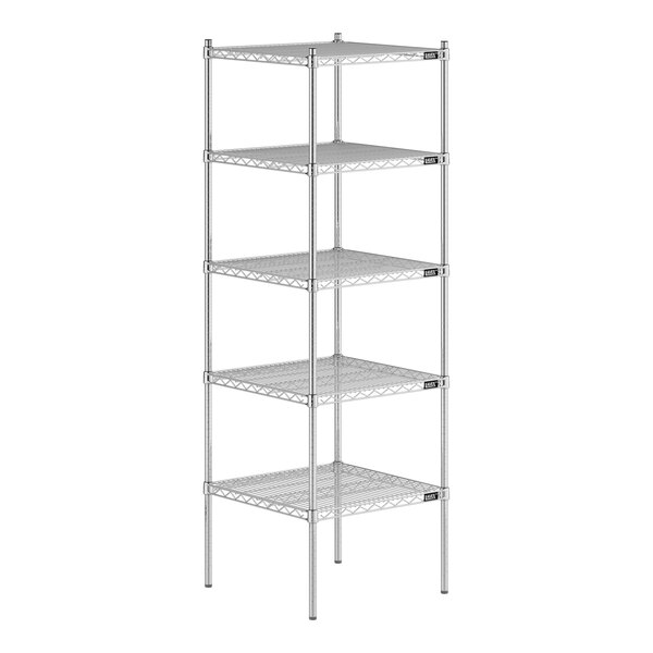 A close-up of a Lavex Pro chrome wire shelf with four shelves.