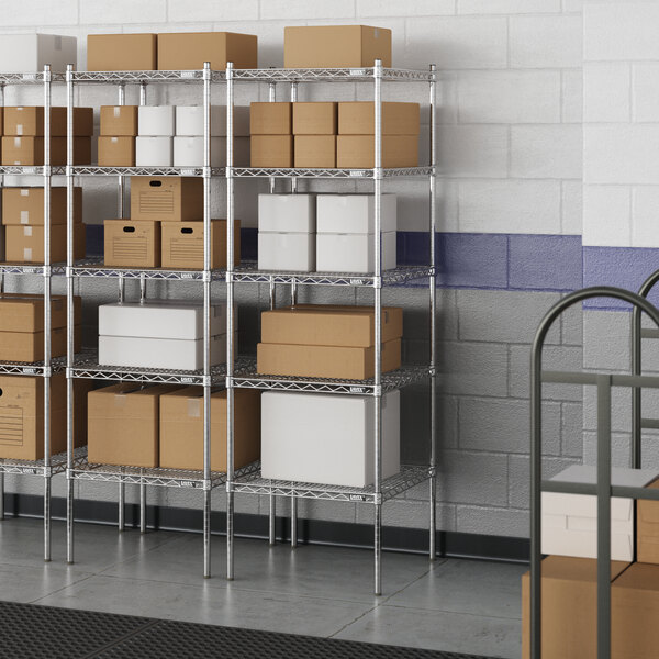 A Lavex Pro wire shelving unit with metal shelves holding boxes.