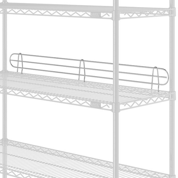 A chrome metal shelf ledge attached to a white wire shelf.