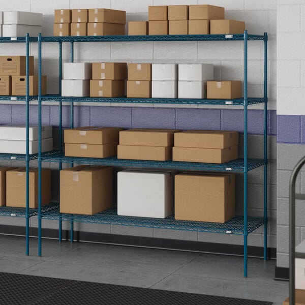 Blue Lavex Pro wire shelving unit with boxes on the shelves.