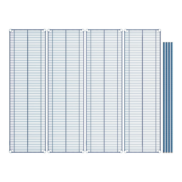 A blue wire rack with four shelves.