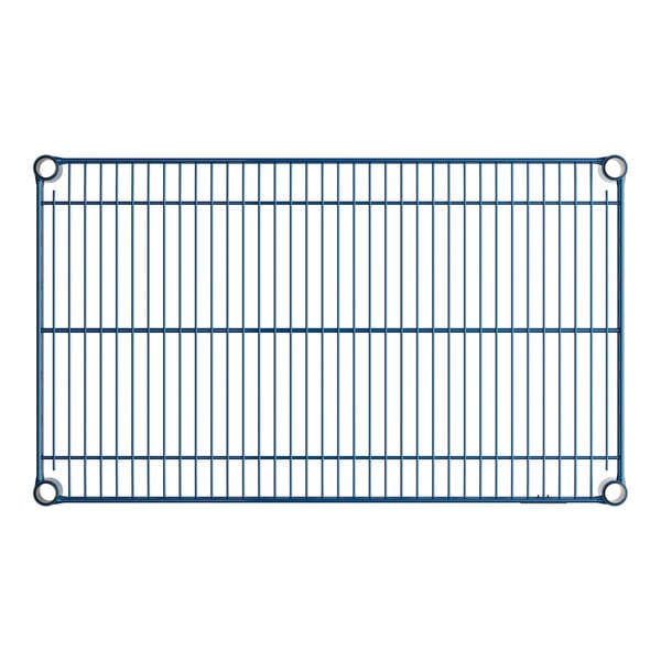 A blue wire shelf with round metal rods.
