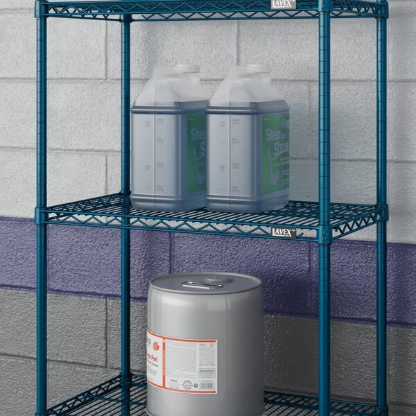 A Lavex Pro blue metal wire shelf with containers on it.