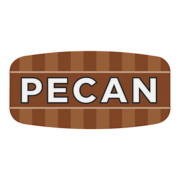 A rectangular white label with a brown and white pecan logo.
