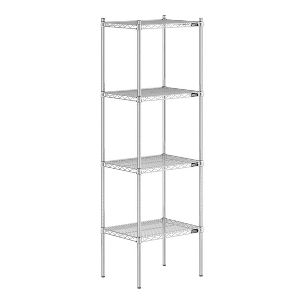 A Lavex Pro chrome wire shelving unit with four shelves.