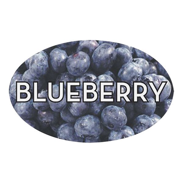 A roll of Bollin blueberry bakery labels with blueberries on a white background.