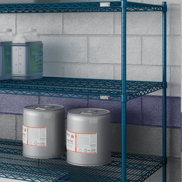 A blue Lavex Pro wire shelf holding containers.