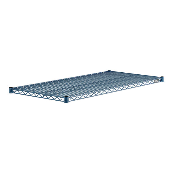 A blue metal Lavex Pro wire shelf.