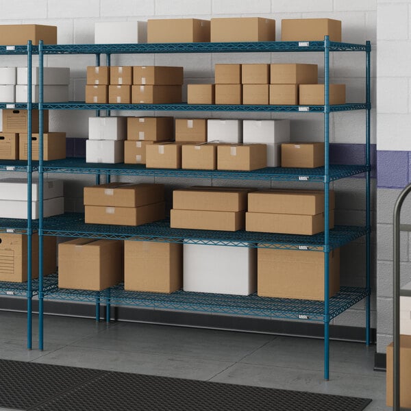 Lavex Pro blue metal wire shelving with boxes on the shelves.