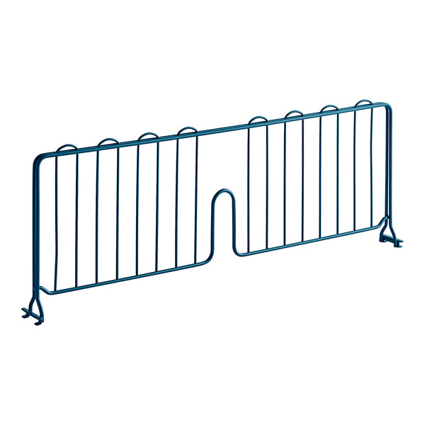 A blue metal wire shelf divider with two bars.