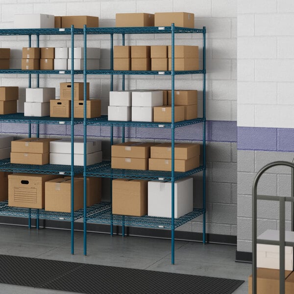 Blue Lavex Pro wire shelving with white boxes on the shelves.