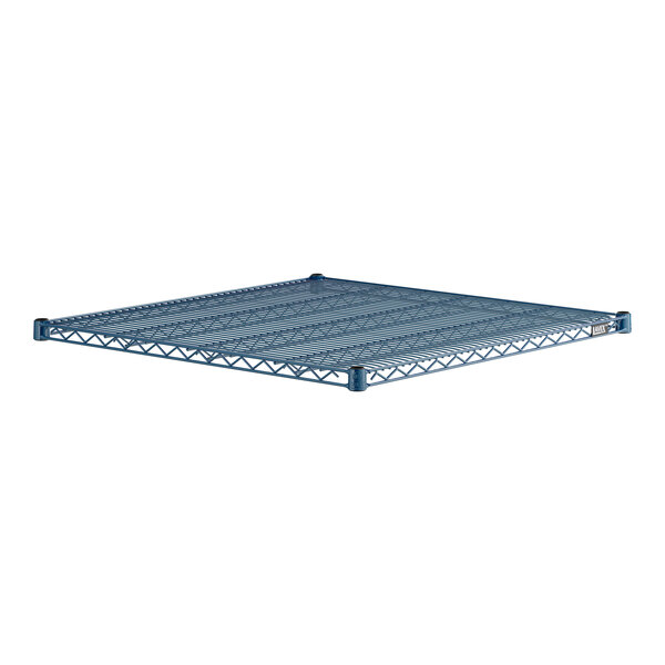 A Lavex Pro blue metal wire shelf.