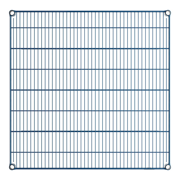 A blue wire mesh shelf with black corners on a white background.