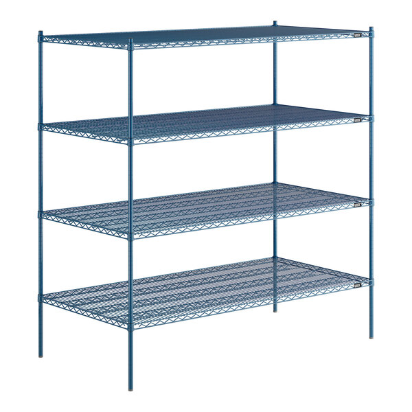 A blue metal Lavex Pro wire shelving unit with four shelves.