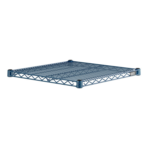 A blue metal shelf with metal corners.