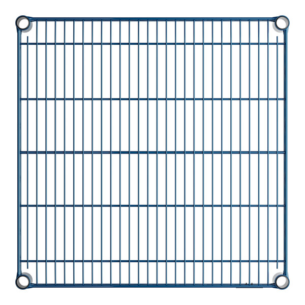 A blue metal wire grid shelf with metal rings.