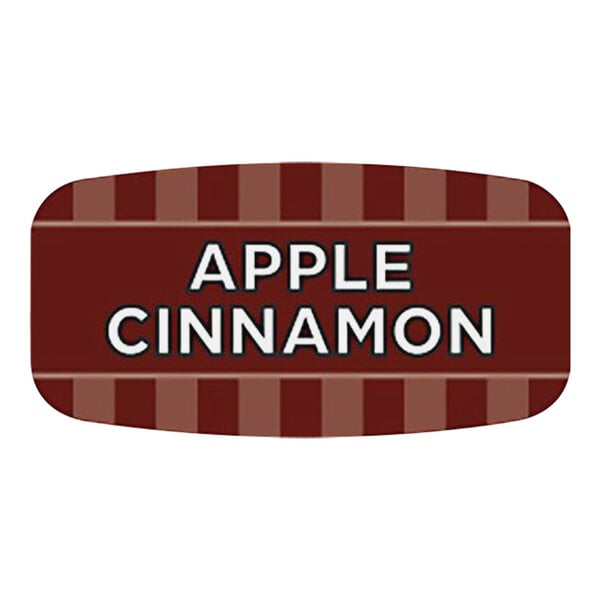 A white rectangular bakery label with red and white stripes and white text reading "Apple Cinnamon"