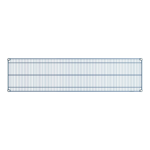 A blue wire shelf with a white background.